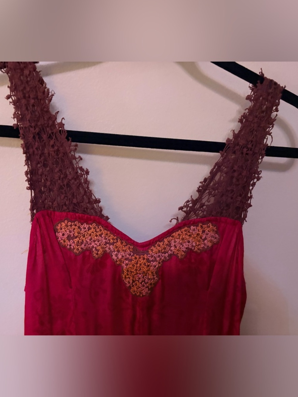 Free People Bright Pink Slip Dress with Brown Crochet Straps